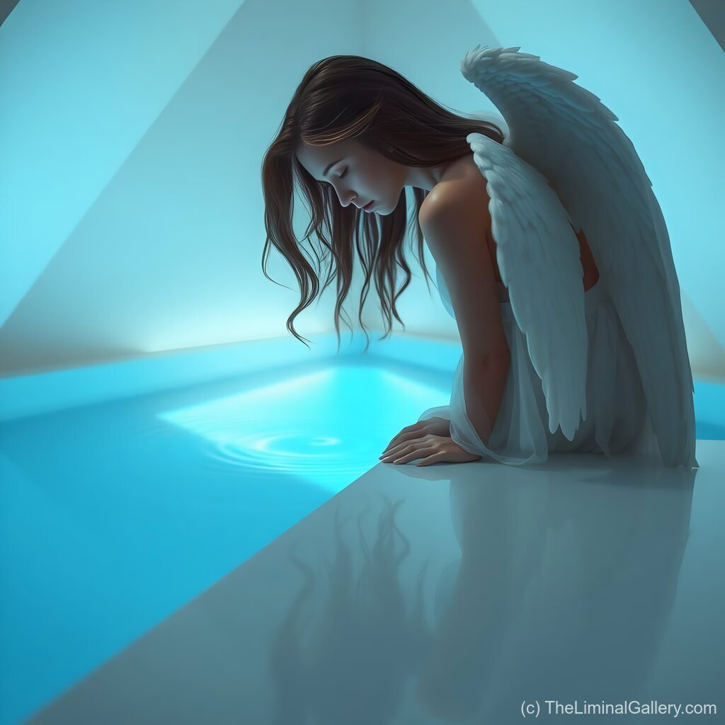 A serene light pool captures the angelic reflection of divinity and grace, blending celestial beauty with tranquil elegance.